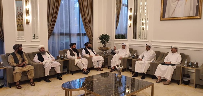 Taliban delegates meet with Qatar delegates in Doha, Qatar, in this handout photo uploaded to social media on October 9, 2021. Picture uploaded on on October 9, 2021. Social media handout/via REUTERS ATTENTION EDITORS - THIS IMAGE HAS BEEN SUPPLIED BY A THIRD PARTY. NO RESALES. NO ARCHIVES.