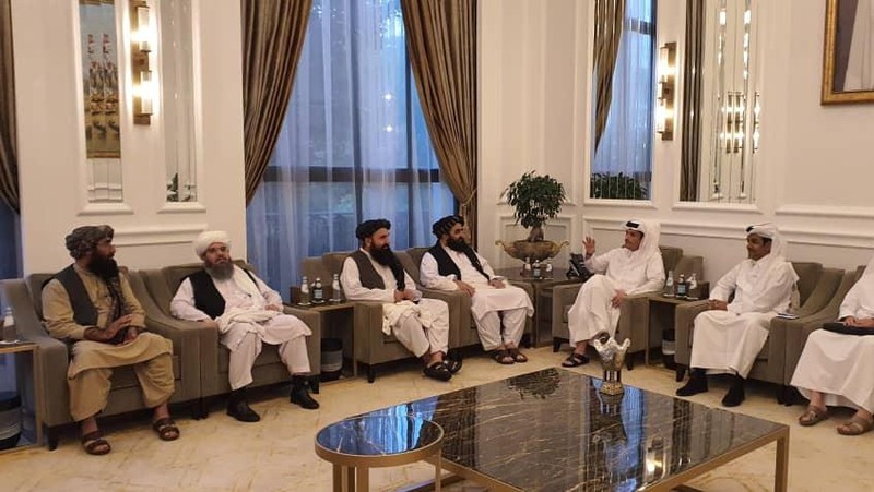 Taliban delegates meet with Qatar delegates in Doha, Qatar, in this handout photo uploaded to social media on October 9, 2021. Picture uploaded on on October 9, 2021. Social media handout/via REUTERS ATTENTION EDITORS - THIS IMAGE HAS BEEN SUPPLIED BY A THIRD PARTY. NO RESALES. NO ARCHIVES.