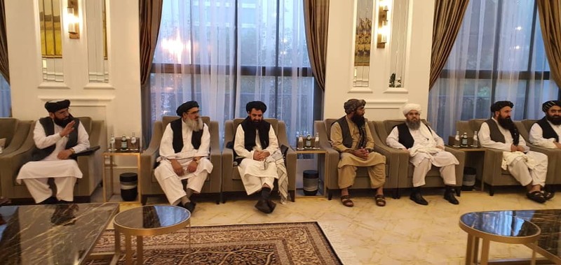 Taliban delegates meet with Qatar delegates in Doha, Qatar, in this handout photo uploaded to social media on October 9, 2021. Picture uploaded on on October 9, 2021. Social media handout/via REUTERS ATTENTION EDITORS - THIS IMAGE HAS BEEN SUPPLIED BY A THIRD PARTY. NO RESALES. NO ARCHIVES.