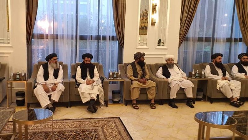 Taliban delegates meet with Qatar delegates in Doha, Qatar, in this handout photo uploaded to social media on October 9, 2021. Picture uploaded on on October 9, 2021. Social media handout/via REUTERS ATTENTION EDITORS - THIS IMAGE HAS BEEN SUPPLIED BY A THIRD PARTY. NO RESALES. NO ARCHIVES.
