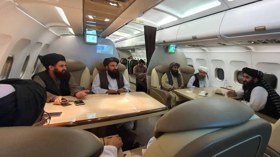 Taliban delegates meet with Qatar delegates in Doha, Qatar, in this handout photo uploaded to social media on October 9, 2021. Picture uploaded on on October 9, 2021. Social media handout/via REUTERS ATTENTION EDITORS - THIS IMAGE HAS BEEN SUPPLIED BY A THIRD PARTY. NO RESALES. NO ARCHIVES.
