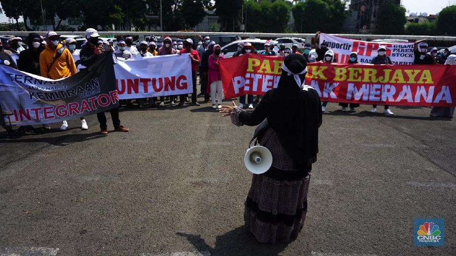 Paguyuban Peternak Rakyat Indonesia (PPRI) melakukan aksi unjuk rasa di depan Gedung DPR RI, Jakarta, Senin (11/1/2021). Aksi tersebut dilakukan seiring tingginya biaya produksi dan anjloknya harga telur. Aksi ini menuntut pemerintah agar keadilan bagi para peternak ayam mandiri, yang selalu dihantui oleh monopoli perusahaan besar (korporasi) dan fluktuasi harga rugi. Para demonstran sebelumnya dipersilahkan untuk membubarkan diri karena Jakarta masih dalam PPKM namun semua pengunjuk rasa sudah mempunyai surat antigen yang sudah mereka lakukan sebelum aksi.  (CNBC Indonesia/ Tri Susilo)