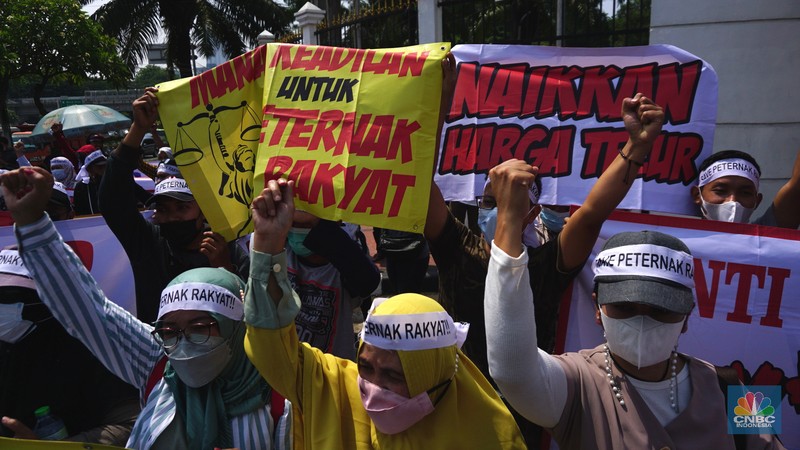 Paguyuban Peternak Rakyat Indonesia (PPRI) melakukan aksi unjuk rasa di depan Gedung DPR RI, Jakarta, Senin (11/1/2021). Aksi tersebut dilakukan seiring tingginya biaya produksi dan anjloknya harga telur. Aksi ini menuntut pemerintah agar keadilan bagi para peternak ayam mandiri, yang selalu dihantui oleh monopoli perusahaan besar (korporasi) dan fluktuasi harga rugi. Para demonstran sebelumnya dipersilahkan untuk membubarkan diri karena Jakarta masih dalam PPKM namun semua pengunjuk rasa sudah mempunyai surat antigen yang sudah mereka lakukan sebelum aksi.  (CNBC Indonesia/ Tri Susilo)