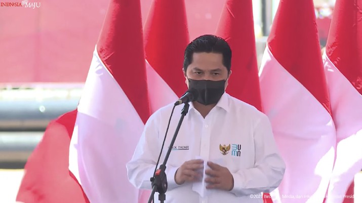 Menteri BUMNĀ Erick Thohir Saat Groundbreaking Pembangunan Smelter PT Freeport Indonesia, KEK Gresik, 12 Oktober 2021. Menteri BUMN Erick Thohir Saat Groundbreaking Pembangunan Smelter PT Freeport Indonesia, KEK Gresik, 12 Oktober 2021. (Tangkapan Layar Youtube Sekretariat Presiden)