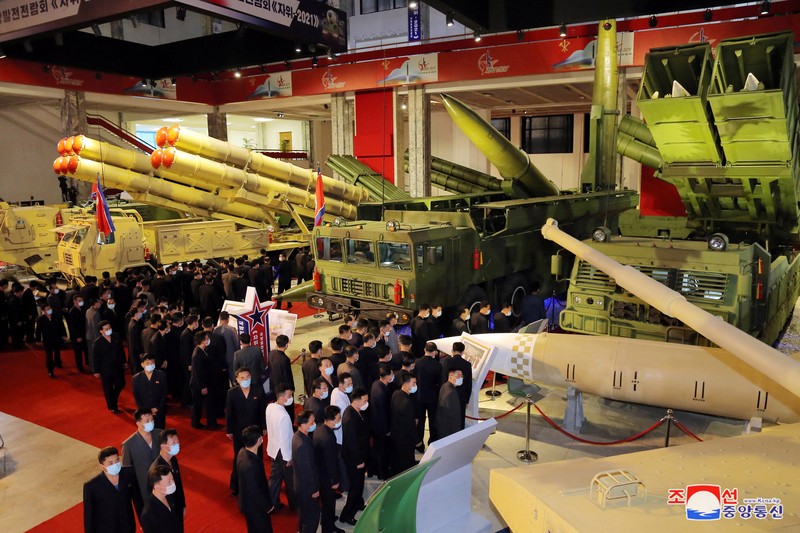 North Korea's leader Kim Jong Un looks at military weapons and vehicles on display at the Defence Development Exhibition, in Pyongyang, North Korea, in this undated photo released on October 12, 2021 by North Korea's Korean Central News Agency (KCNA).      KCNA via REUTERS    ATTENTION EDITORS - THIS IMAGE WAS PROVIDED BY A THIRD PARTY. REUTERS IS UNABLE TO INDEPENDENTLY VERIFY THIS IMAGE. NO THIRD PARTY SALES. SOUTH KOREA OUT. NO COMMERCIAL OR EDITORIAL SALES IN SOUTH KOREA.