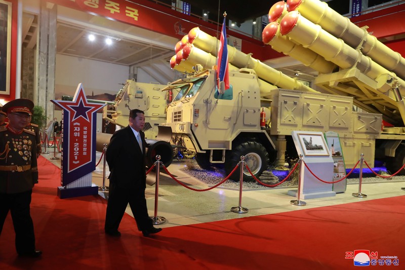 North Korea's leader Kim Jong Un looks at military weapons and vehicles on display at the Defence Development Exhibition, in Pyongyang, North Korea, in this undated photo released on October 12, 2021 by North Korea's Korean Central News Agency (KCNA).      KCNA via REUTERS    ATTENTION EDITORS - THIS IMAGE WAS PROVIDED BY A THIRD PARTY. REUTERS IS UNABLE TO INDEPENDENTLY VERIFY THIS IMAGE. NO THIRD PARTY SALES. SOUTH KOREA OUT. NO COMMERCIAL OR EDITORIAL SALES IN SOUTH KOREA.