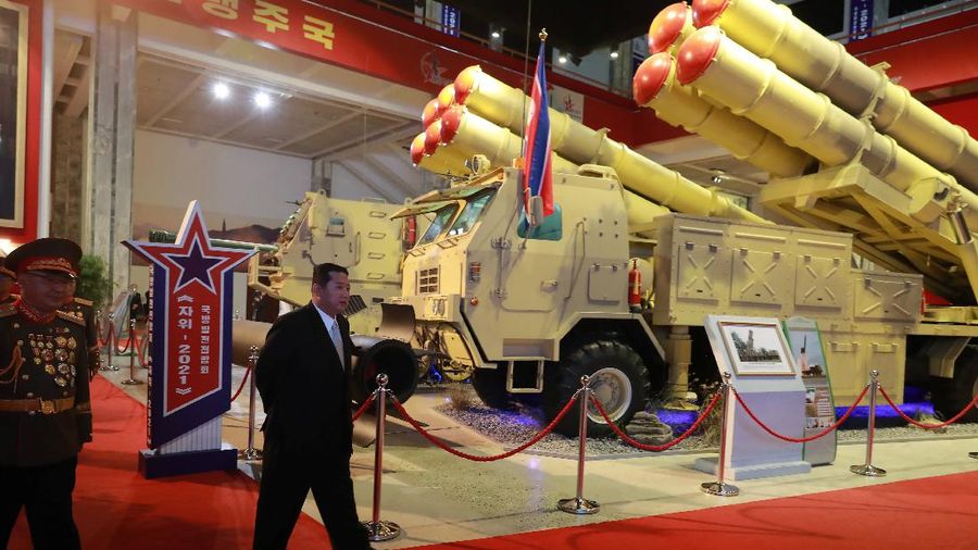 North Korea's leader Kim Jong Un looks at military weapons and vehicles on display at the Defence Development Exhibition, in Pyongyang, North Korea, in this undated photo released on October 12, 2021 by North Korea's Korean Central News Agency (KCNA).      KCNA via REUTERS    ATTENTION EDITORS - THIS IMAGE WAS PROVIDED BY A THIRD PARTY. REUTERS IS UNABLE TO INDEPENDENTLY VERIFY THIS IMAGE. NO THIRD PARTY SALES. SOUTH KOREA OUT. NO COMMERCIAL OR EDITORIAL SALES IN SOUTH KOREA.