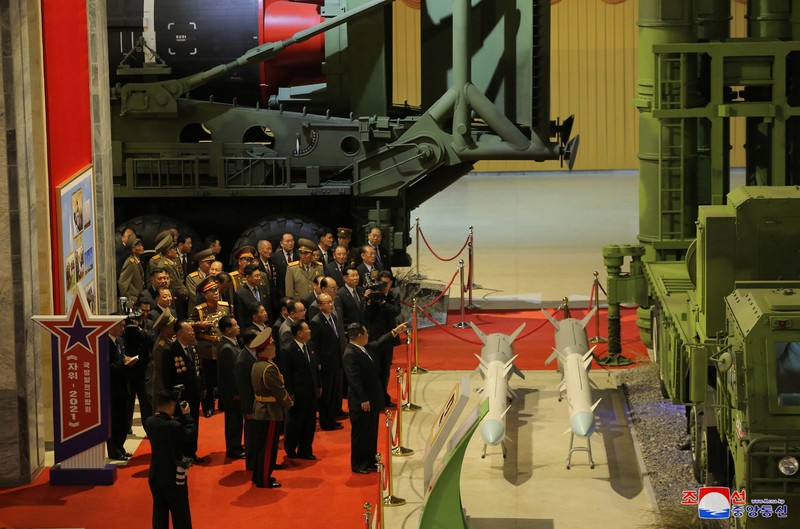 North Korea's leader Kim Jong Un looks at military weapons and vehicles on display at the Defence Development Exhibition, in Pyongyang, North Korea, in this undated photo released on October 12, 2021 by North Korea's Korean Central News Agency (KCNA).      KCNA via REUTERS    ATTENTION EDITORS - THIS IMAGE WAS PROVIDED BY A THIRD PARTY. REUTERS IS UNABLE TO INDEPENDENTLY VERIFY THIS IMAGE. NO THIRD PARTY SALES. SOUTH KOREA OUT. NO COMMERCIAL OR EDITORIAL SALES IN SOUTH KOREA.