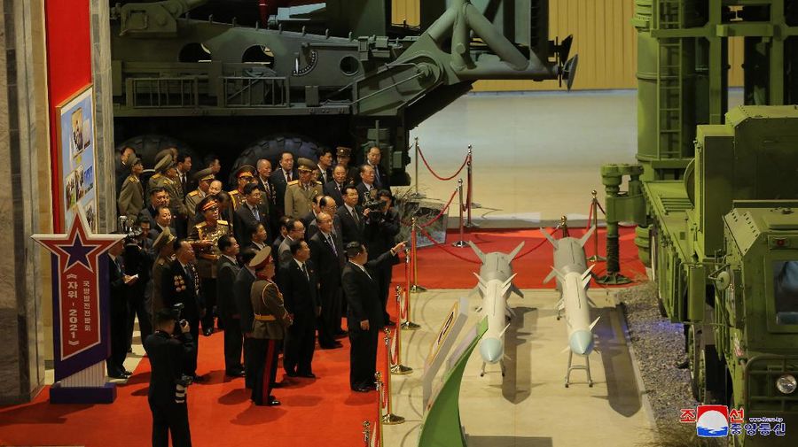 North Korea's leader Kim Jong Un looks at military weapons and vehicles on display at the Defence Development Exhibition, in Pyongyang, North Korea, in this undated photo released on October 12, 2021 by North Korea's Korean Central News Agency (KCNA).      KCNA via REUTERS    ATTENTION EDITORS - THIS IMAGE WAS PROVIDED BY A THIRD PARTY. REUTERS IS UNABLE TO INDEPENDENTLY VERIFY THIS IMAGE. NO THIRD PARTY SALES. SOUTH KOREA OUT. NO COMMERCIAL OR EDITORIAL SALES IN SOUTH KOREA.