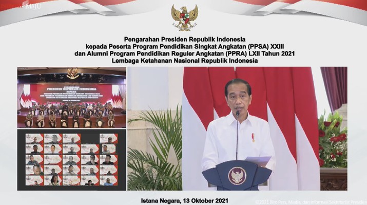 Pengarahan Presiden Joko Widodo pada Peserta PPSA XXIII dan PPRA LXII Tahun 2021 LKNRI, 13 Oktober 2021. (Tangkapan Layar Youtube Sekretariat Presiden) Pengarahan Presiden Joko Widodo pada Peserta PPSA XXIII dan PPRA LXII Tahun 2021 LKNRI, 13 Oktober 2021. (Tangkapan Layar Youtube Sekretariat Presiden)