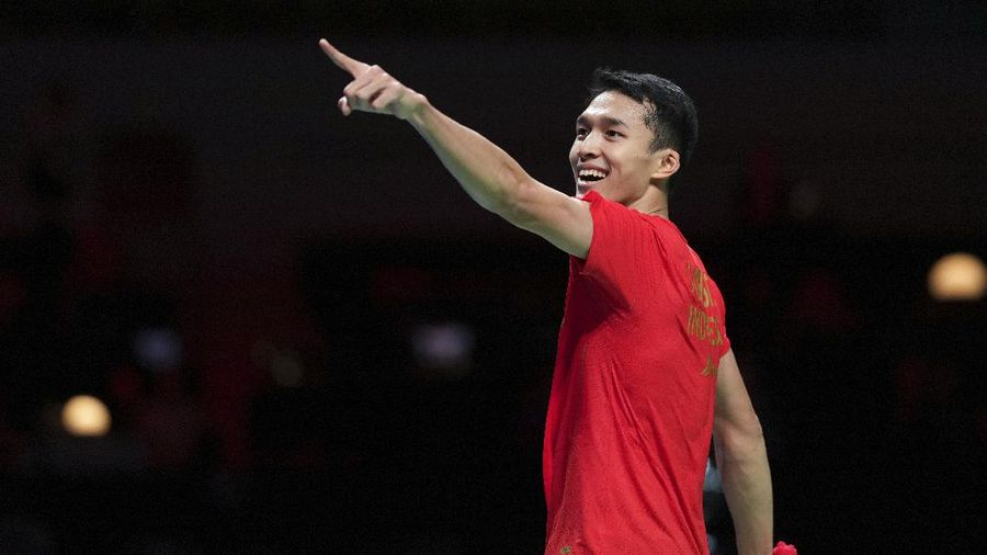 Jonatan Christie of Indonesia reacts after winning against Denmark's Anders Antonsen during the Thomas Cup men's team semifinal badminton match in Aarhus, Denmark, Saturday, Oct. 16, 2021. (Claus Fisker/Ritzau Scanpix via AP)