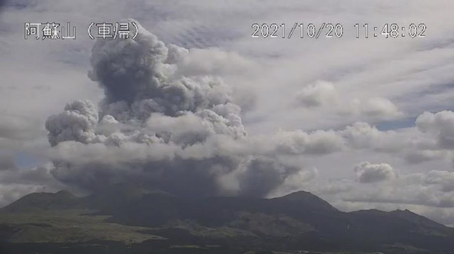 A video grab from the Japan Meteorological Agency's live camera image shows an eruption of Mount Aso in Aso, Kumamoto prefecture, southwestern Japan, October 20, 2021. Japan Meteorological Agency/Handout via REUTERS     ATTENTION EDITORS - THIS IMAGE WAS PROVIDED BY A THIRD PARTY. MANDATORY CREDIT.