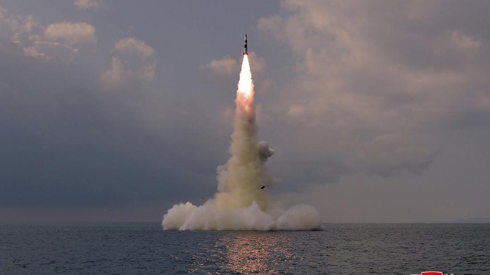 This photo provided by the North Korean government shows a ballistic missile launched from a submarine Tuesday, Oct. 19, 2021, in North Korea. North Korea announced Wednesday, Oct. 20, 2021 that it had tested a newly developed missile designed to be launched from a submarine, the first such weapons test in two years and one it says will bolster its military’s underwater operational capability. Independent journalists were not given access to cover the event depicted in this image distributed by the North Korean government. The content of this image is as provided and cannot be independently verified. Korean language watermark on image as provided by source reads: 