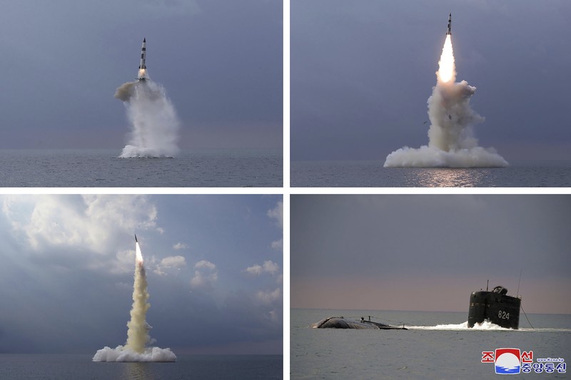 Uji Coba Rudal korea utara dari Kapal Selam This photo provided by the North Korean government shows a ballistic missile launched from a submarine Tuesday, Oct. 19, 2021, in North Korea. North Korea announced Wednesday, Oct. 20, 2021 that it had tested a newly developed missile designed to be launched from a submarine, the first such weapons test in two years and one it says will bolster its military’s underwater operational capability. Independent journalists were not given access to cover the event depicted in this image distributed by the North Korean government. The content of this image is as provided and cannot be independently verified. Korean language watermark on image as provided by source reads: