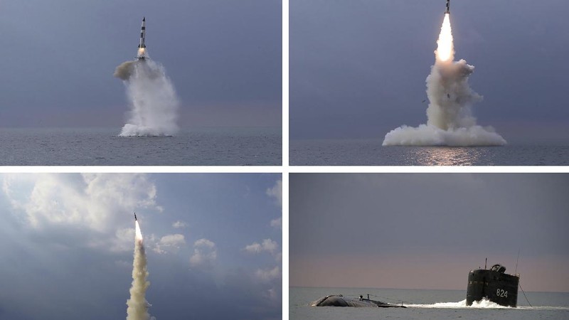 This photo provided by the North Korean government shows a ballistic missile launched from a submarine Tuesday, Oct. 19, 2021, in North Korea. North Korea announced Wednesday, Oct. 20, 2021 that it had tested a newly developed missile designed to be launched from a submarine, the first such weapons test in two years and one it says will bolster its military’s underwater operational capability. Independent journalists were not given access to cover the event depicted in this image distributed by the North Korean government. The content of this image is as provided and cannot be independently verified. Korean language watermark on image as provided by source reads: 
