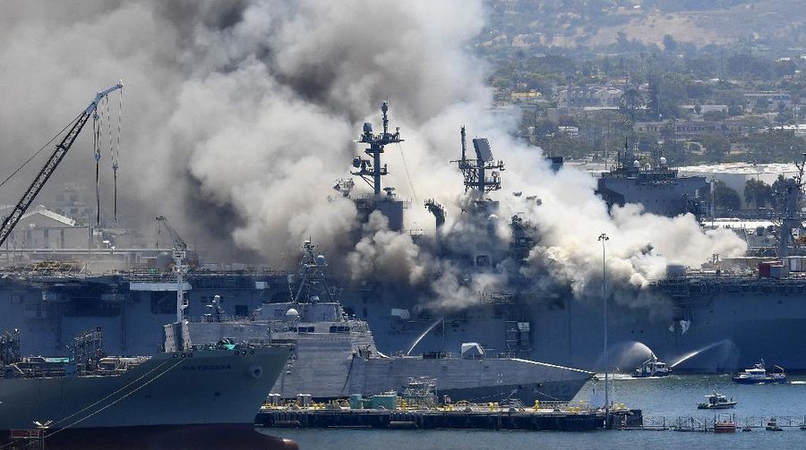 The USS Bonhomme fire. (AP/Denis Poroy)