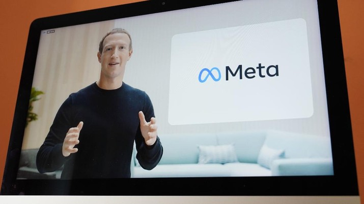 Seen on the screen of a device in Sausalito, Calif., Facebook CEO Mark Zuckerberg announces their new name, Meta, during a virtual event on Thursday, Oct. 28, 2021. Zuckerberg talked up his latest passion -- creating a virtual reality 
