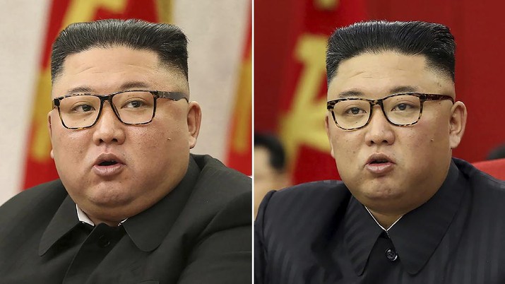 FILE - This combination of file photos provided by the North Korean government, shows North Korean leader Kim Jong Un at Workers' Party meetings in Pyongyang, North Korea, on Feb. 8, 2021, left, and June 15, 2021. Kim has recently lost about 20 kilograms (44 pounds), but he remains healthy and tries to boost a public loyalty toward him in the face of worsening economic difficulties, South Korea’s spy agency told lawmakers Thursday, Oct. 28, 2021. (Korean Central News Agency/Korea News Service via AP, File)