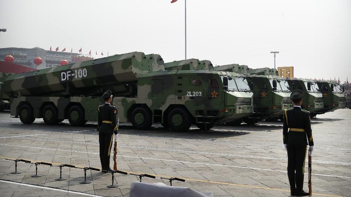 China 70 Years Chinese military vehicles carrying DF-100 cruise missiles roll during a parade to commemorate the 70th anniversary of the founding of Communist China in Beijing, Tuesday, Oct. 1, 2019. Trucks carrying weapons including a nuclear-armed missile designed to evade U.S. defenses rumbled through Beijing as the Communist Party celebrated its 70th anniversary in power with a parade Tuesday that showcased China's ambition as a rising global force. (AP Photo/Mark Schiefelbein)
