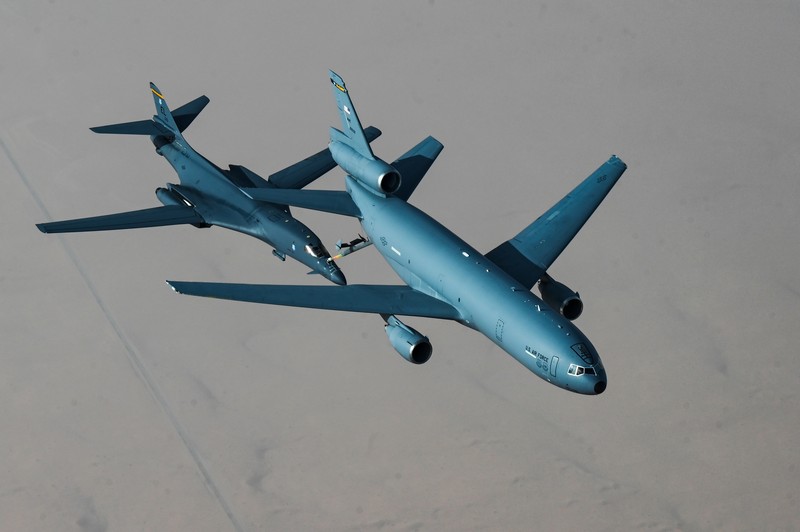 In this photo released by the U.S. Air Force, F-16s flown by the Egyptian Air Force break away from a U.S. Air Force B-1B Lancer over Egypt Saturday, Oct. 30, 2021. The U.S. Air Force said Sunday it flew a B-1B strategic bomber over key maritime chokepoints in the Mideast with allies including Israel amid ongoing tensions with Iran as its nuclear deal with world powers remains in tatters. (U.S. Air Force/Senior Airman Jerreht Harris via AP)