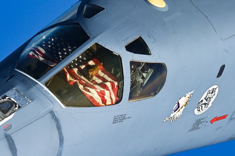 In this photo released by the U.S. Air Force, F-16s flown by the Egyptian Air Force break away from a U.S. Air Force B-1B Lancer over Egypt Saturday, Oct. 30, 2021. The U.S. Air Force said Sunday it flew a B-1B strategic bomber over key maritime chokepoints in the Mideast with allies including Israel amid ongoing tensions with Iran as its nuclear deal with world powers remains in tatters. (U.S. Air Force/Senior Airman Jerreht Harris via AP)