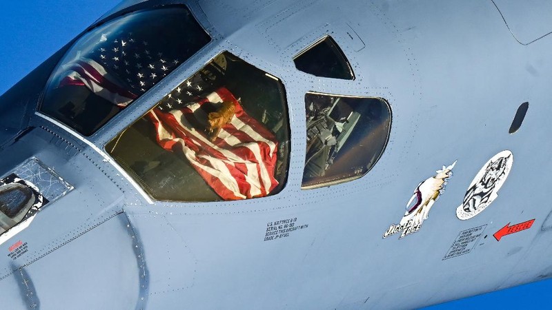 In this photo released by the U.S. Air Force, F-16s flown by the Egyptian Air Force break away from a U.S. Air Force B-1B Lancer over Egypt Saturday, Oct. 30, 2021. The U.S. Air Force said Sunday it flew a B-1B strategic bomber over key maritime chokepoints in the Mideast with allies including Israel amid ongoing tensions with Iran as its nuclear deal with world powers remains in tatters. (U.S. Air Force/Senior Airman Jerreht Harris via AP)