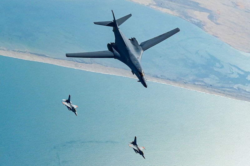 Mideast US Bomber In this photo released by the U.S. Air Force, F-16s flown by the Egyptian Air Force break away from a U.S. Air Force B-1B Lancer over Egypt Saturday, Oct. 30, 2021. The U.S. Air Force said Sunday it flew a B-1B strategic bomber over key maritime chokepoints in the Mideast with allies including Israel amid ongoing tensions with Iran as its nuclear deal with world powers remains in tatters. (U.S. Air Force/Senior Airman Jerreht Harris via AP)