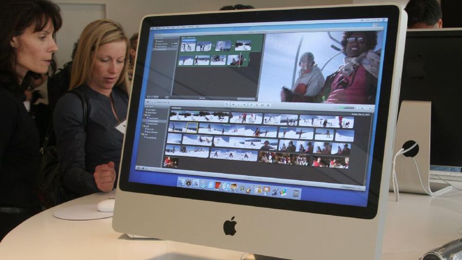The new Apple iMac desktop computer sits on display at Apple headquarters, Tuesday, Aug. 7, 2007 in Cupertino, Calif. Apple Inc. updated its iMac computers Tuesday with a slimmer design, faster chips and glossy screens, hoping to further propel sales that already outpace the rest of the PC industry. The all-in-one desktop computers now have aluminum casings, replacing the white plastic facade that has defined the computer lineup for years. (AP Photo/George Nikitin)