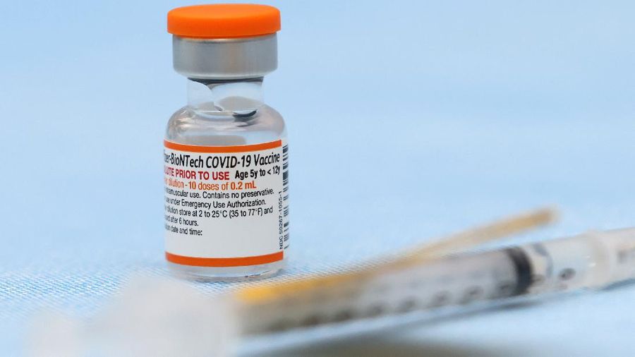 A vial of the Pfizer-BioNTech COVID-19 vaccine approved for children aged 5-11 is seen displayed at Cohen Children's Medical Center, amid the coronavirus disease pandemic, in New Hyde Park, New York, U.S., November 4, 2021. REUTERS/Andrew Kelly