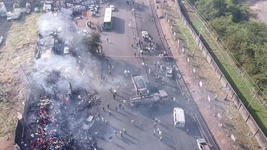 Burnt collided trucks are pictured after a fuel tanker explosion in Freetown, Sierra Leone November 6, 2021. National Disaster Management Agency-Sierra Leone/Handout via REUTERS    THIS IMAGE HAS BEEN SUPPLIED BY A THIRD PARTY. NO RESALES. NO ARCHIVES.