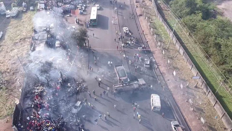 Burnt collided trucks are pictured after a fuel tanker explosion in Freetown, Sierra Leone November 6, 2021. National Disaster Management Agency-Sierra Leone/Handout via REUTERS    THIS IMAGE HAS BEEN SUPPLIED BY A THIRD PARTY. NO RESALES. NO ARCHIVES.