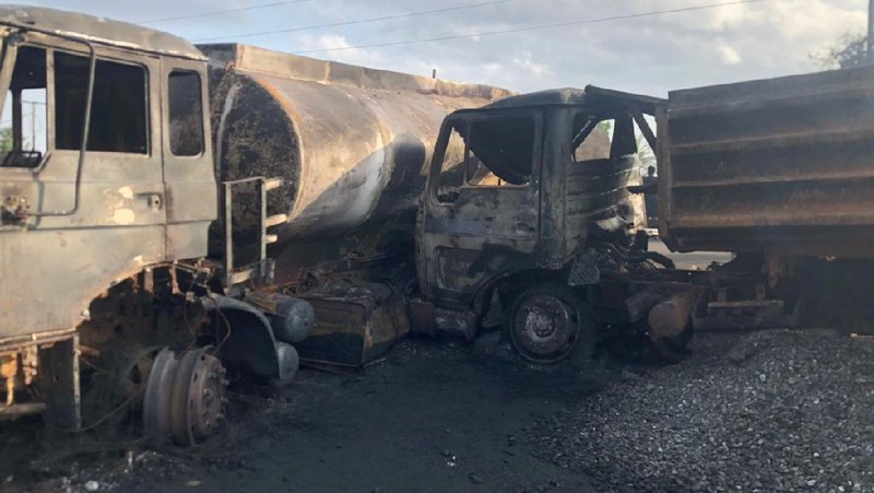 Burnt collided trucks are pictured after a fuel tanker explosion in Freetown, Sierra Leone November 6, 2021. National Disaster Management Agency-Sierra Leone/Handout via REUTERS    THIS IMAGE HAS BEEN SUPPLIED BY A THIRD PARTY. NO RESALES. NO ARCHIVES.