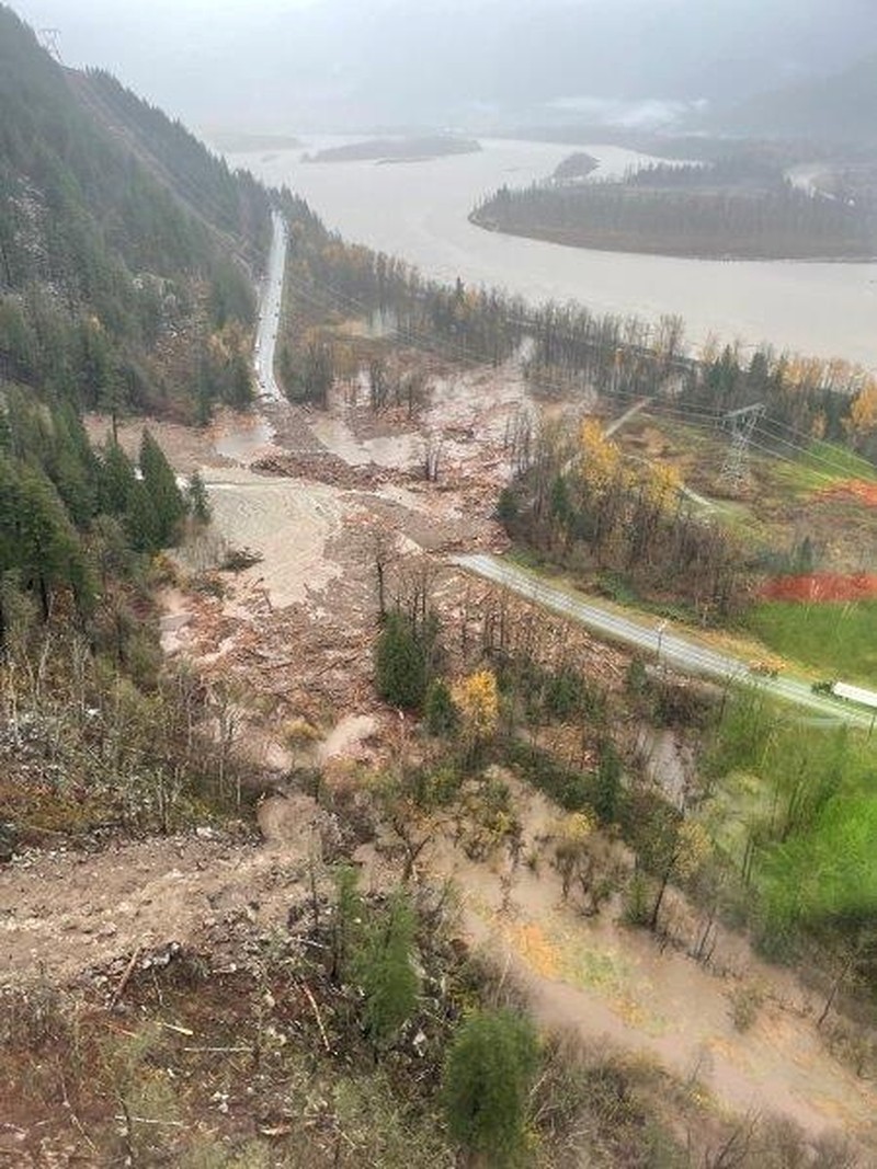An aerial view shows the damage caused by floods and landslide near Sea Bird Island, British Columbia, Canada, November 15, 2021. B.C. Ministry of Transportation and Infrastructure/Handout via REUTERS   NO RESALES. NO ARCHIVES. THIS IMAGE HAS BEEN SUPPLIED BY A THIRD PARTY. MANDATORY CREDIT