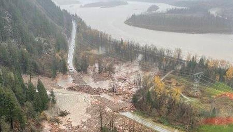 An aerial view shows the damage caused by floods and landslide near Sea Bird Island, British Columbia, Canada, November 15, 2021. B.C. Ministry of Transportation and Infrastructure/Handout via REUTERS   NO RESALES. NO ARCHIVES. THIS IMAGE HAS BEEN SUPPLIED BY A THIRD PARTY. MANDATORY CREDIT