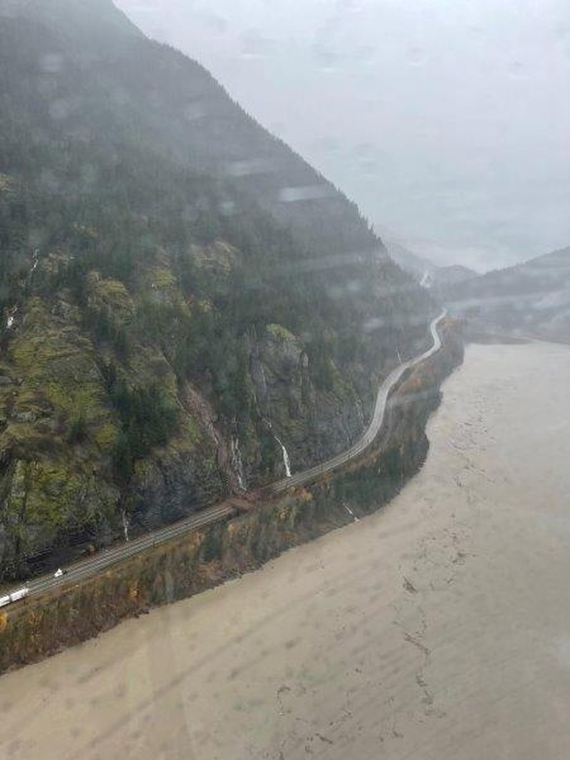 CANADA-FLOOD/ An aerial view shows the damage caused by floods and landslide near Sea Bird Island, British Columbia, Canada, November 15, 2021. B.C. Ministry of Transportation and Infrastructure/Handout via REUTERS NO RESALES. NO ARCHIVES. THIS IMAGE HAS BEEN SUPPLIED BY A THIRD PARTY. MANDATORY CREDIT
