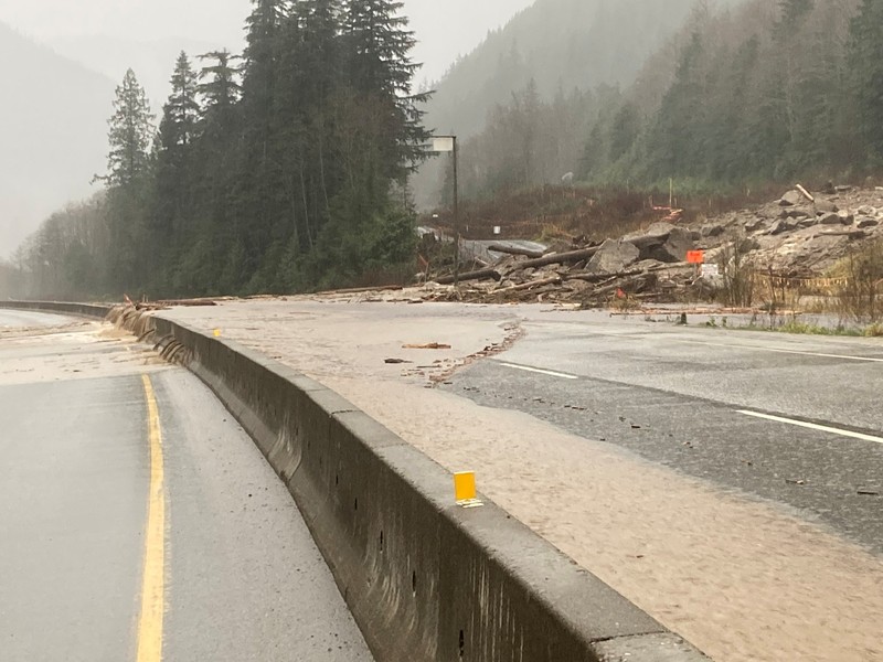 CANADA-FLOOD/ An aerial view shows the damage caused by floods and landslide near Sea Bird Island, British Columbia, Canada, November 15, 2021. B.C. Ministry of Transportation and Infrastructure/Handout via REUTERS NO RESALES. NO ARCHIVES. THIS IMAGE HAS BEEN SUPPLIED BY A THIRD PARTY. MANDATORY CREDIT