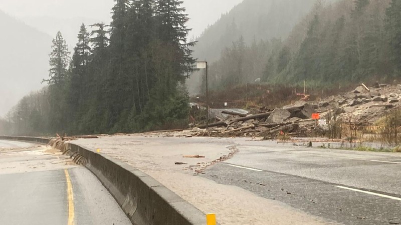 An aerial view shows the damage caused by floods and landslide near Sea Bird Island, British Columbia, Canada, November 15, 2021. B.C. Ministry of Transportation and Infrastructure/Handout via REUTERS   NO RESALES. NO ARCHIVES. THIS IMAGE HAS BEEN SUPPLIED BY A THIRD PARTY. MANDATORY CREDIT