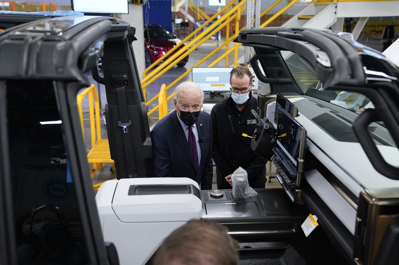 President Joe Biden speaks during a visit to the General Motors Factory ZERO electric vehicle assembly plant, Wednesday, Nov. 17, 2021, in Detroit. (AP Photo/Evan Vucci)