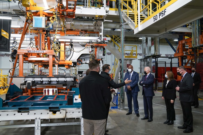 President Joe Biden speaks during a visit to the General Motors Factory ZERO electric vehicle assembly plant, Wednesday, Nov. 17, 2021, in Detroit. (AP Photo/Evan Vucci)