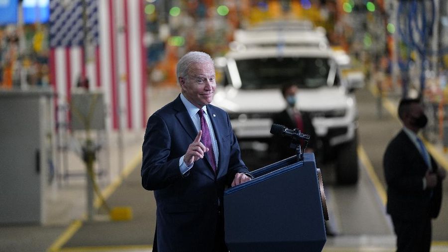 President Joe Biden speaks during a visit to the General Motors Factory ZERO electric vehicle assembly plant, Wednesday, Nov. 17, 2021, in Detroit. (AP Photo/Evan Vucci)