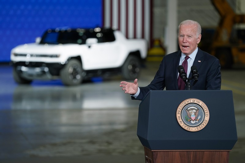President Joe Biden speaks during a visit to the General Motors Factory ZERO electric vehicle assembly plant, Wednesday, Nov. 17, 2021, in Detroit. (AP Photo/Evan Vucci)