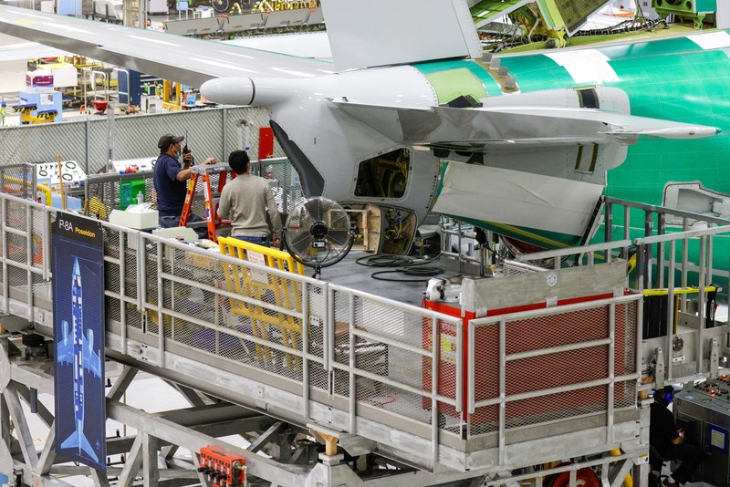 The production line for the Boeing P-8 Poseidon maritime patrol aircraft is pictured at Boeing's 737 factory in Renton, Washington, U.S. November 18, 2021. REUTERS/Jason Redmond