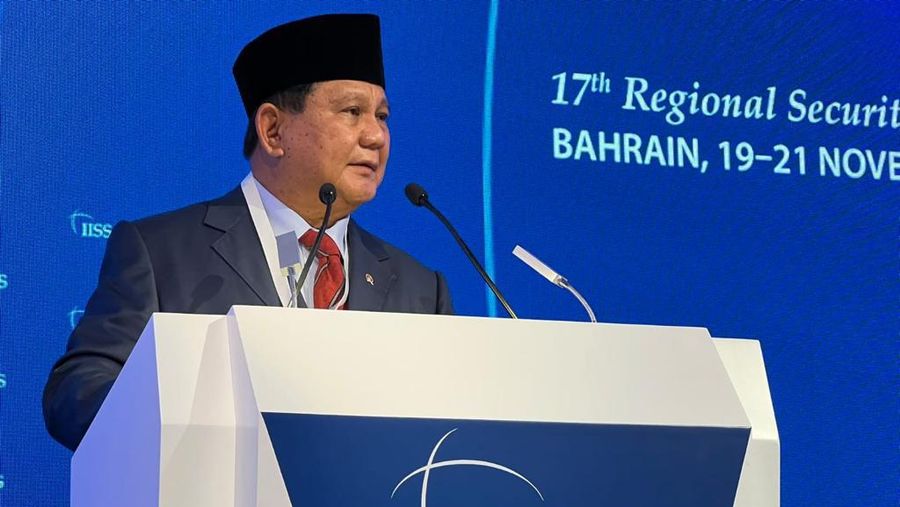 Menteri Pertahanan Prabowo Subianto saat pidato dalam Forum Dialog The 17th International Institute for Strategic Studies (IISS) Manama Dialogue 2021, Sabtu (20/11/2021). (ist via Tim Dokumentasi Menhan)