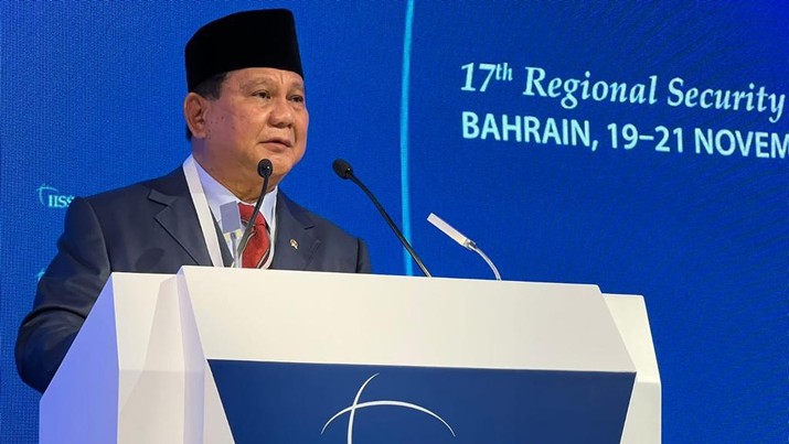 Menteri Pertahanan Prabowo Subianto saat pidato dalam Forum Dialog The 17th International Institute for Strategic Studies (IISS) Manama Dialogue 2021 Menteri Pertahanan Prabowo Subianto saat pidato dalam Forum Dialog The 17th International Institute for Strategic Studies (IISS) Manama Dialogue 2021, Sabtu (20/11/2021). (ist via Tim Dokumentasi Menhan)