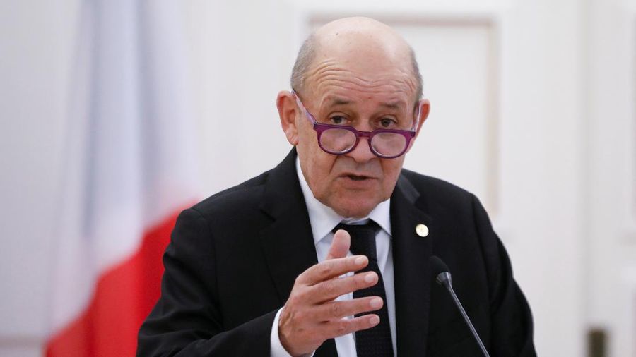 French Foreign Minister Jean-Yves Le Drian attends a news conference following his meeting with Greek Foreign Minister Nikos Dendias at the Ministry of Foreign Affairs in Athens, Greece, November 19, 2021. REUTERS/Costas Baltas