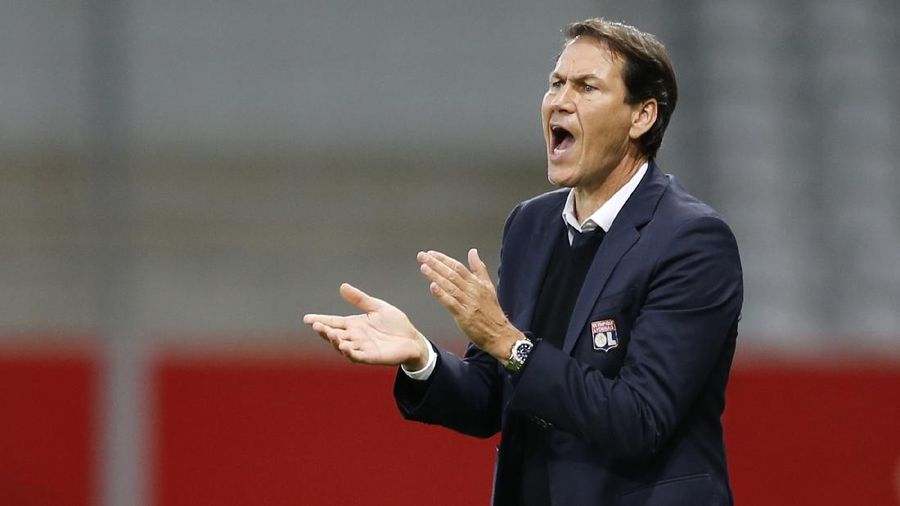 Olympique Lyonnais coach Rudi Garcia shouts during the French League One soccer match between Lille and Olympique Lyonnais at the Pierre-Mauroy Stadium in Villeneuve d'Ascq, northern France, Sunday, Nov. 1, 2020. (Pascal Rossignol, Pool via AP)
