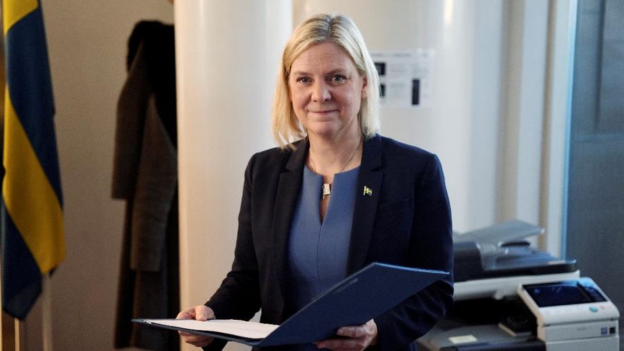 Current Finance Minister and Social Democrat leader Magdalena Andersson attends a press conference after being appointed as the country's new Prime Minister following a voting at the Swedish Parliament Riksdagen in Stockholm, Sweden November 24, 2021. Andersson is the first ever Swedish female prime minister. Erik Simander /TT News Agency/via REUTERS ATTENTION EDITORS - THIS IMAGE WAS PROVIDED BY A THIRD PARTY. SWEDEN OUT. NO COMMERCIAL OR EDITORIAL SALES IN SWEDEN.
