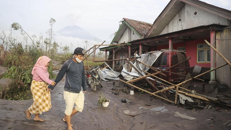 A man brings his buffaloes for evacuation past houses covered with ash following an eruption of Mount Semeru, seen in the background, in Lumajang, East Java, Indonesia, Sunday, Dec. 5, 2021. The highest volcano on Indonesia’s most densely populated island of Java spewed thick columns of ash, searing gas and lava down its slopes in a sudden eruption triggered by heavy rains on Saturday. (AP Photo/Trisnadi)