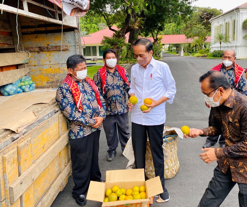Presiden Joko Widodo menerima enam perwakilan warga Liang Melas Datas, Kabupaten Karo, Provinsi Sumatera Utara di Istana Merdeka, Jakarta, pada Senin (6/12/2021). (Biro Pers Sekretariat Presiden/Laily Rachev)