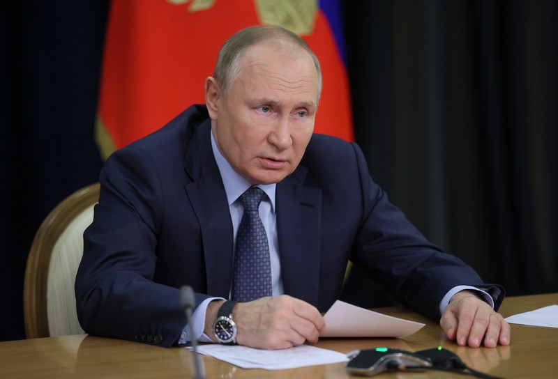 Russian President Vladimir Putin holds talks with U.S. President Joe Biden via a video link in Sochi, Russia December 7, 2021. Sputnik/Mikhail Metzel/Pool via REUTERS ATTENTION EDITORS - THIS IMAGE WAS PROVIDED BY A THIRD PARTY.